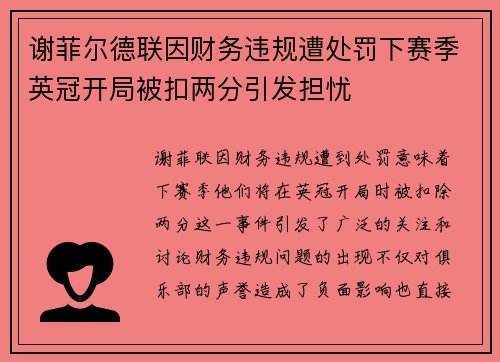 谢菲尔德联因财务违规遭处罚下赛季英冠开局被扣两分引发担忧 谢菲尔德联因财务违规遭处罚下赛季英冠开局被扣两分引发担忧